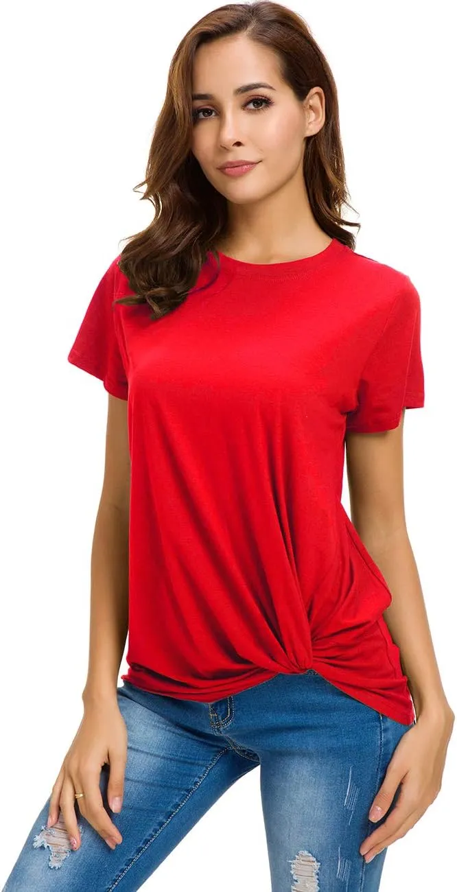 LUSMAY Womens Short Sleeve Loose Twist Knot Front T Shirts Cotton Casual Blouse