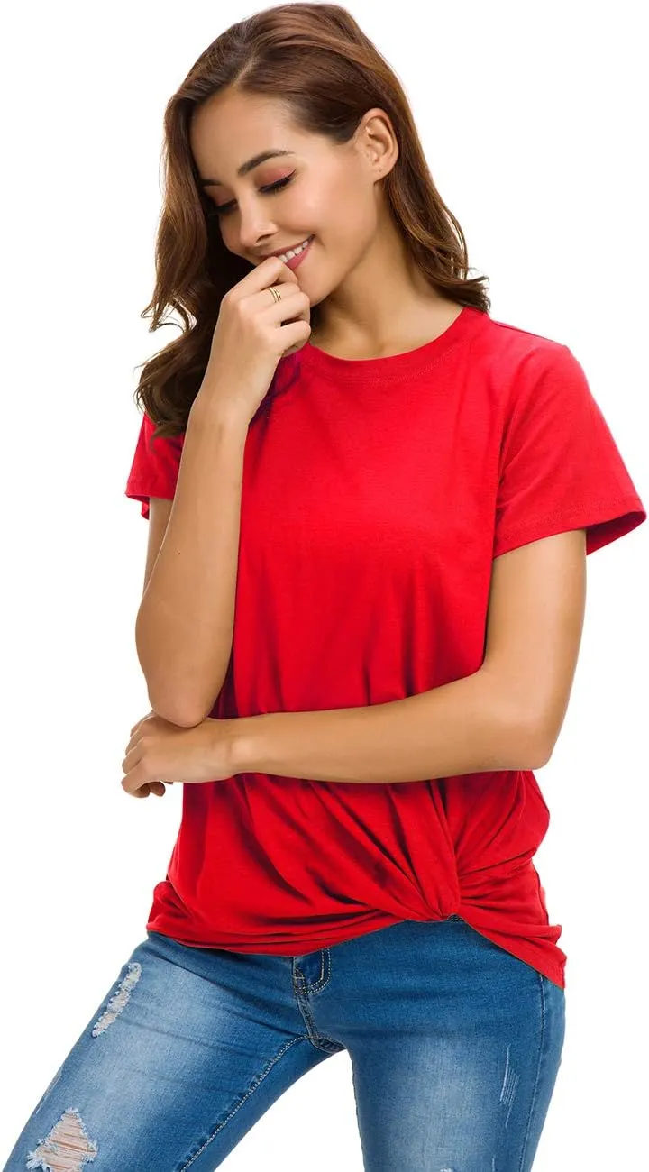 LUSMAY Womens Short Sleeve Loose Twist Knot Front T Shirts Cotton Casual Blouse