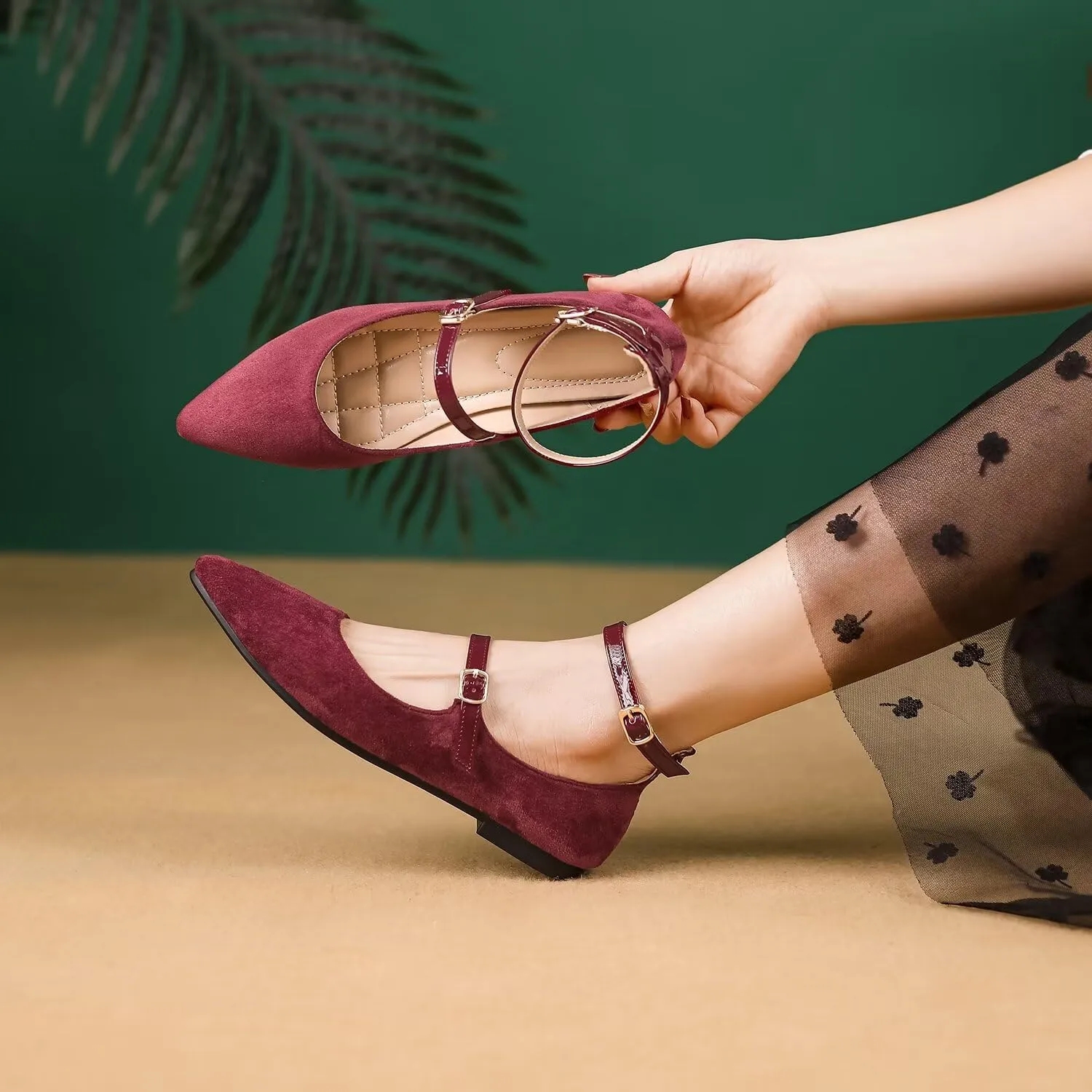 LUXINYU Mary Jane Shoes for Women Suede Pointed Toe Adjustable Ankle Strap Flats Comfortable Work Shoes