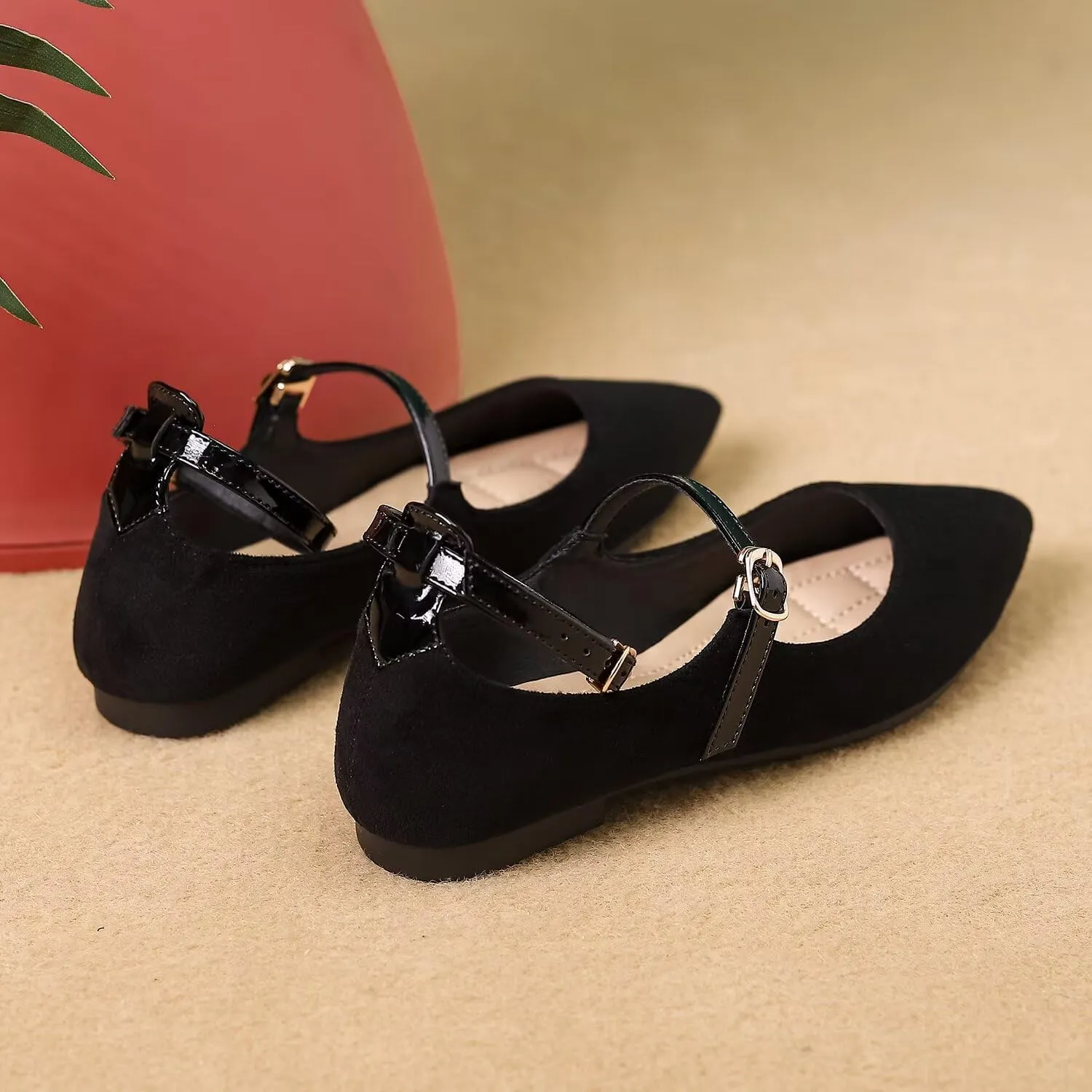 LUXINYU Mary Jane Shoes for Women Suede Pointed Toe Adjustable Ankle Strap Flats Comfortable Work Shoes