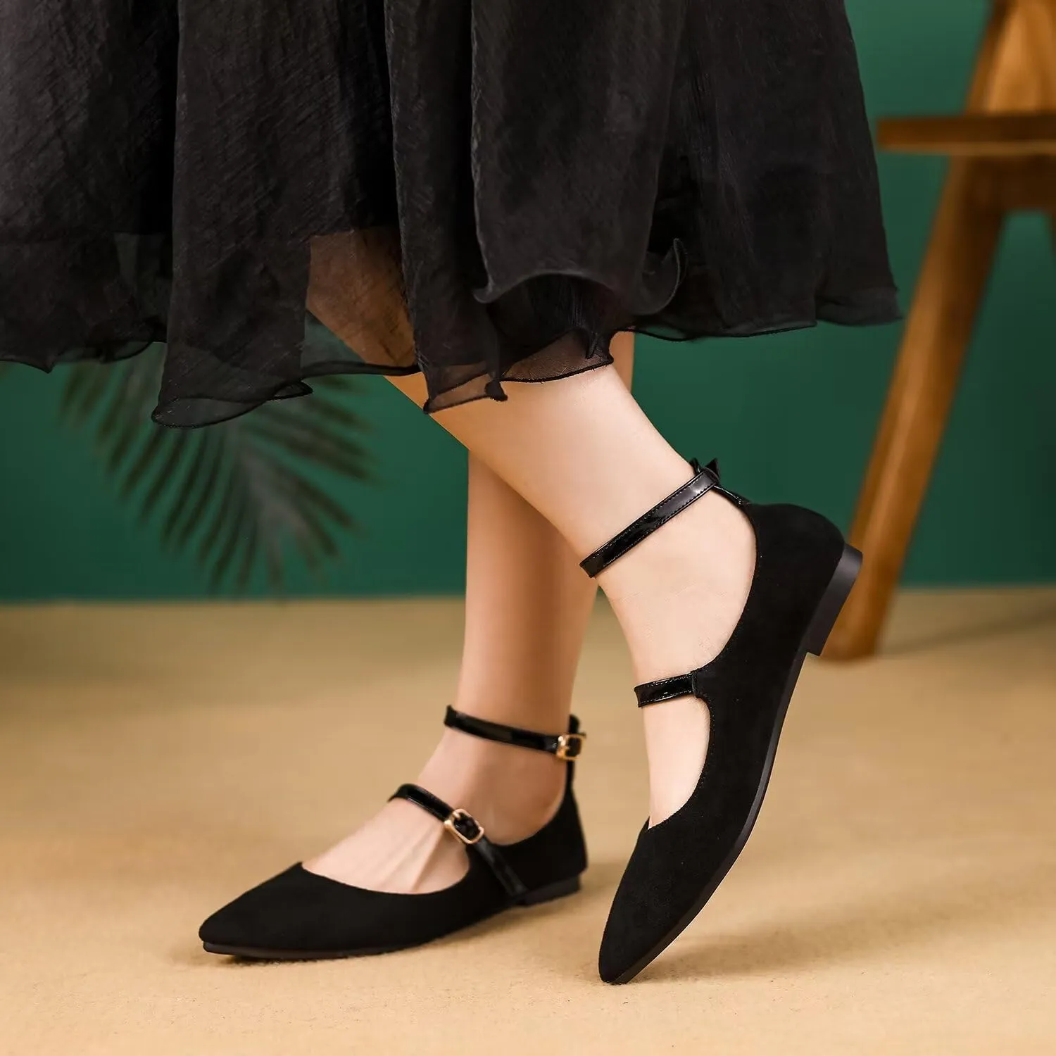 LUXINYU Mary Jane Shoes for Women Suede Pointed Toe Adjustable Ankle Strap Flats Comfortable Work Shoes