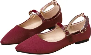 LUXINYU Mary Jane Shoes for Women Suede Pointed Toe Adjustable Ankle Strap Flats Comfortable Work Shoes