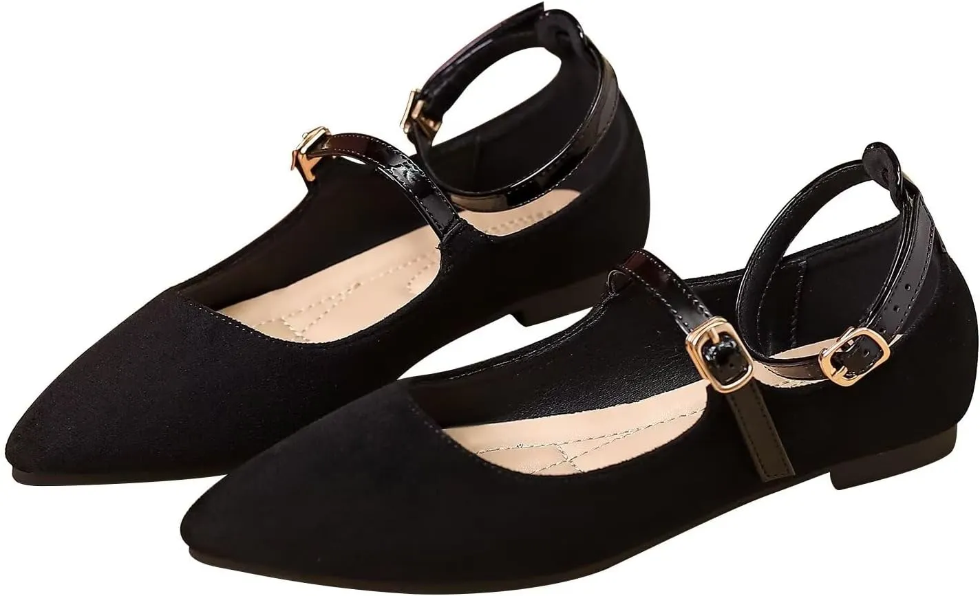 LUXINYU Mary Jane Shoes for Women Suede Pointed Toe Adjustable Ankle Strap Flats Comfortable Work Shoes