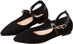 LUXINYU Mary Jane Shoes for Women Suede Pointed Toe Adjustable Ankle Strap Flats Comfortable Work Shoes