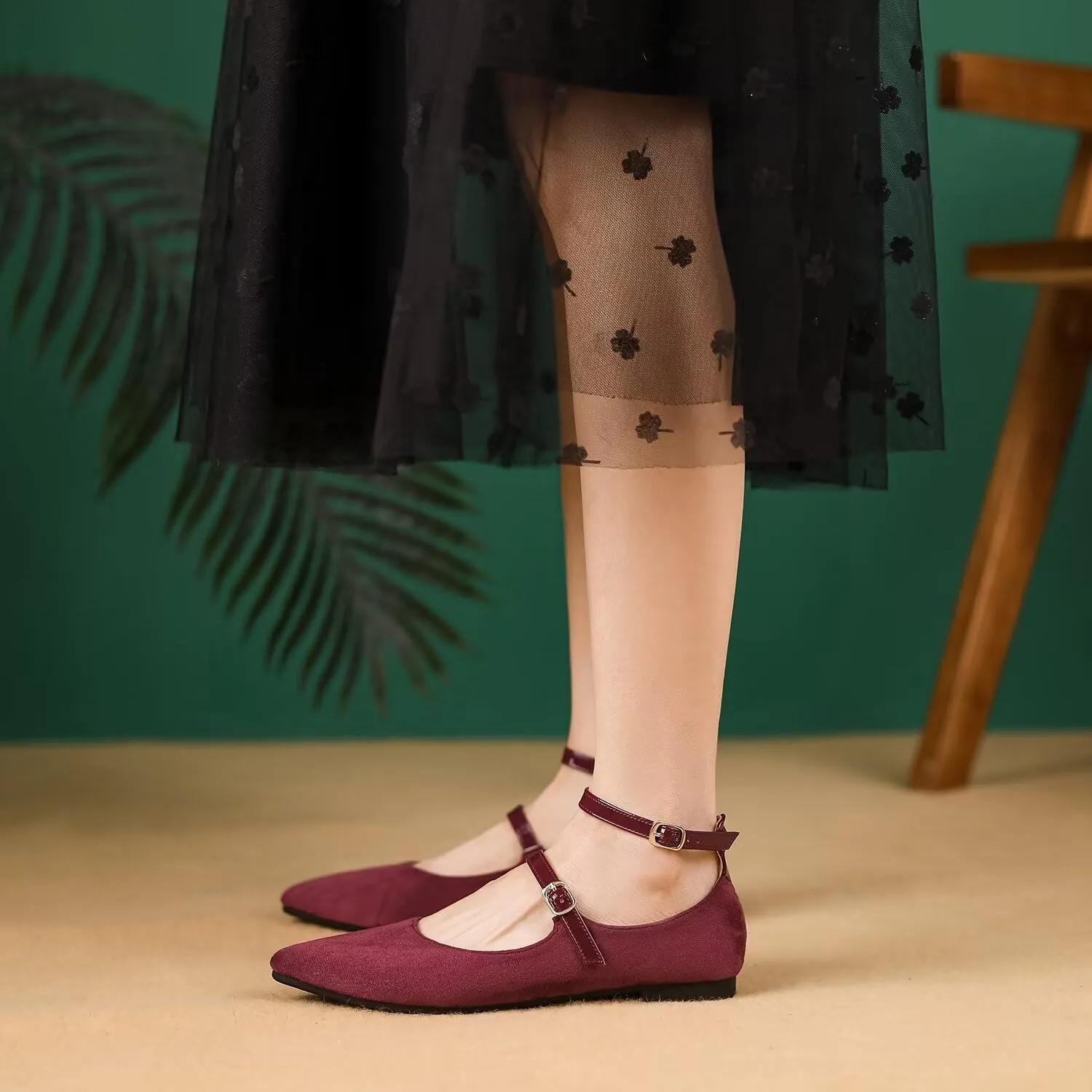 LUXINYU Mary Jane Shoes for Women Suede Pointed Toe Adjustable Ankle Strap Flats Comfortable Work Shoes