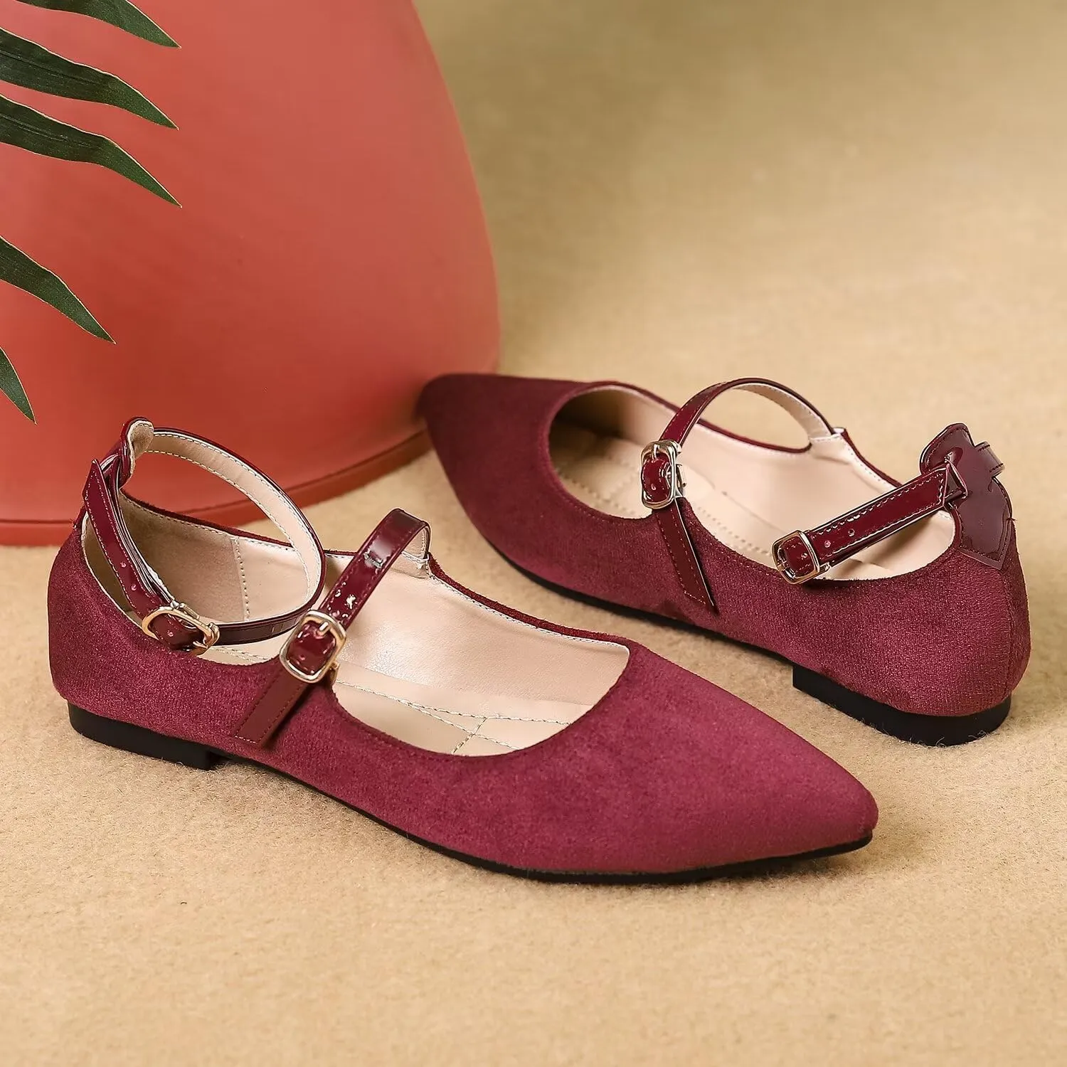 LUXINYU Mary Jane Shoes for Women Suede Pointed Toe Adjustable Ankle Strap Flats Comfortable Work Shoes
