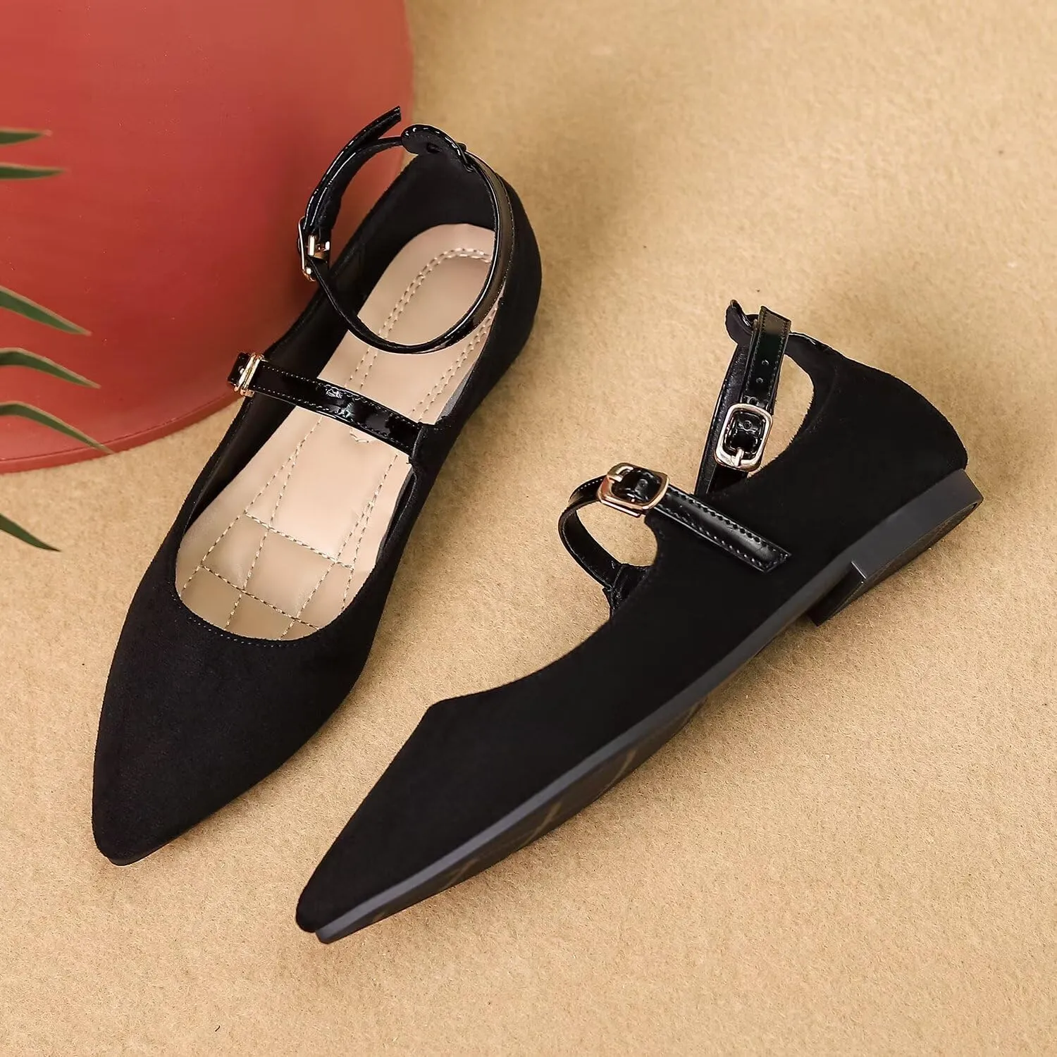 LUXINYU Mary Jane Shoes for Women Suede Pointed Toe Adjustable Ankle Strap Flats Comfortable Work Shoes