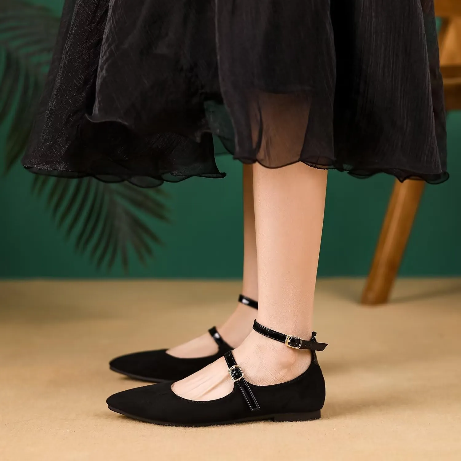 LUXINYU Mary Jane Shoes for Women Suede Pointed Toe Adjustable Ankle Strap Flats Comfortable Work Shoes