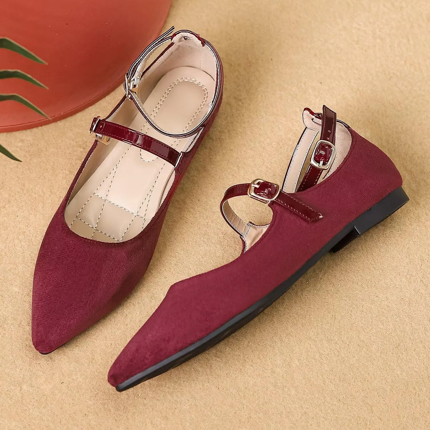 LUXINYU Mary Jane Shoes for Women Suede Pointed Toe Adjustable Ankle Strap Flats Comfortable Work Shoes