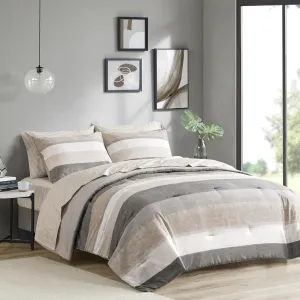 Madison Park Essentials King Comforter Set, Bed in A Bag Comforter & Sheet Set, Modern Casual Stripes Print, All Seasons, Soft Microfiber Bedding Makeover, Matching Shams, Cal King Taupe/Grey 7 Piece