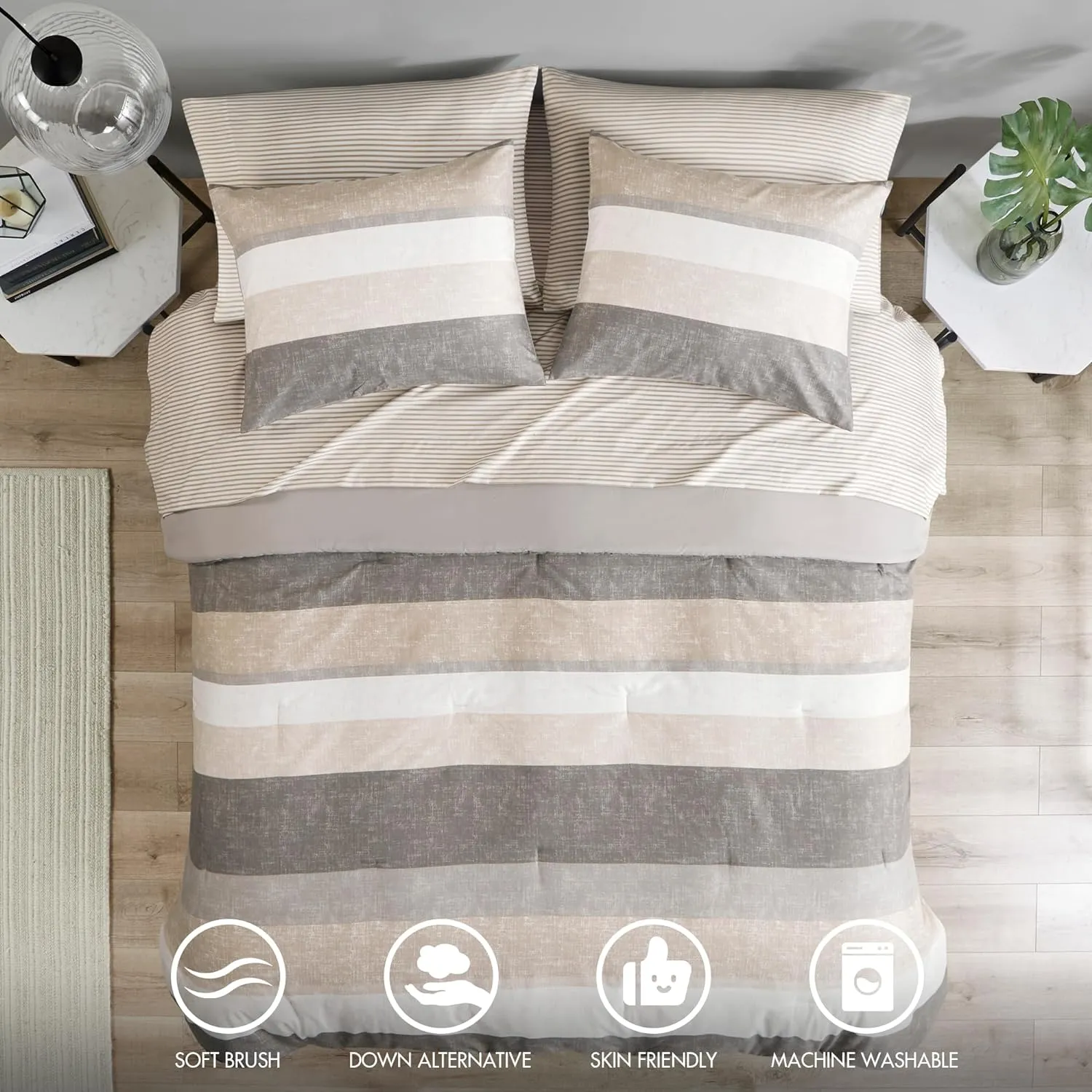 Madison Park Essentials King Comforter Set, Bed in A Bag Comforter & Sheet Set, Modern Casual Stripes Print, All Seasons, Soft Microfiber Bedding Makeover, Matching Shams, Cal King Taupe/Grey 7 Piece
