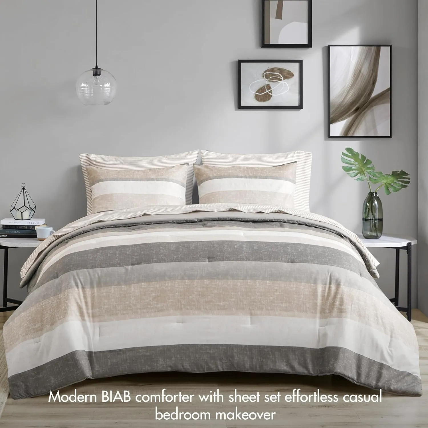 Madison Park Essentials King Comforter Set, Bed in A Bag Comforter & Sheet Set, Modern Casual Stripes Print, All Seasons, Soft Microfiber Bedding Makeover, Matching Shams, Cal King Taupe/Grey 7 Piece
