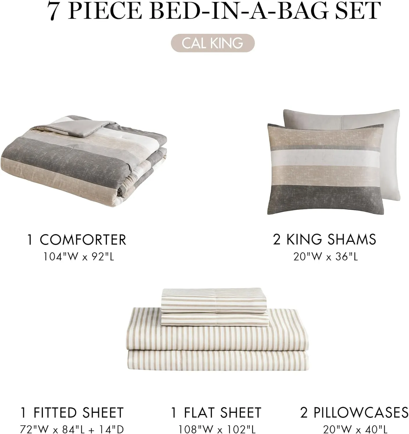 Madison Park Essentials King Comforter Set, Bed in A Bag Comforter & Sheet Set, Modern Casual Stripes Print, All Seasons, Soft Microfiber Bedding Makeover, Matching Shams, Cal King Taupe/Grey 7 Piece
