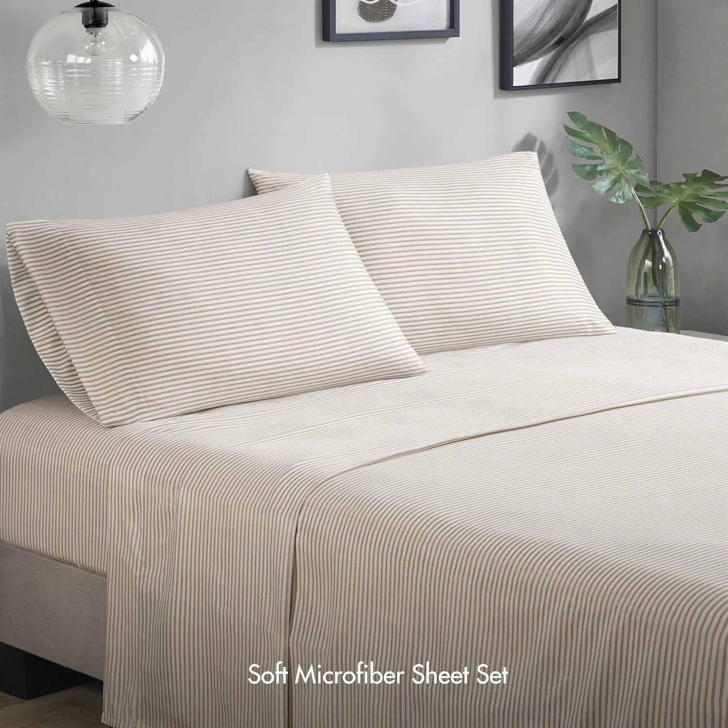 Madison Park Essentials King Comforter Set, Bed in A Bag Comforter & Sheet Set, Modern Casual Stripes Print, All Seasons, Soft Microfiber Bedding Makeover, Matching Shams, Cal King Taupe/Grey 7 Piece