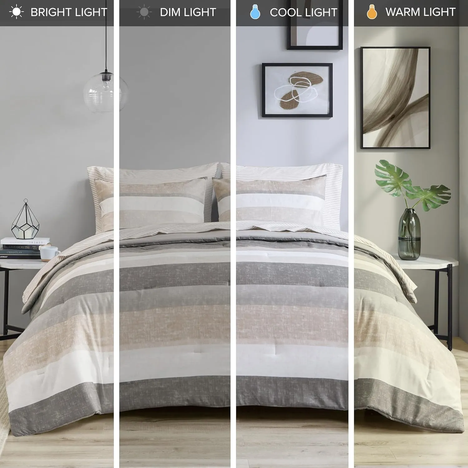 Madison Park Essentials King Comforter Set, Bed in A Bag Comforter & Sheet Set, Modern Casual Stripes Print, All Seasons, Soft Microfiber Bedding Makeover, Matching Shams, Cal King Taupe/Grey 7 Piece