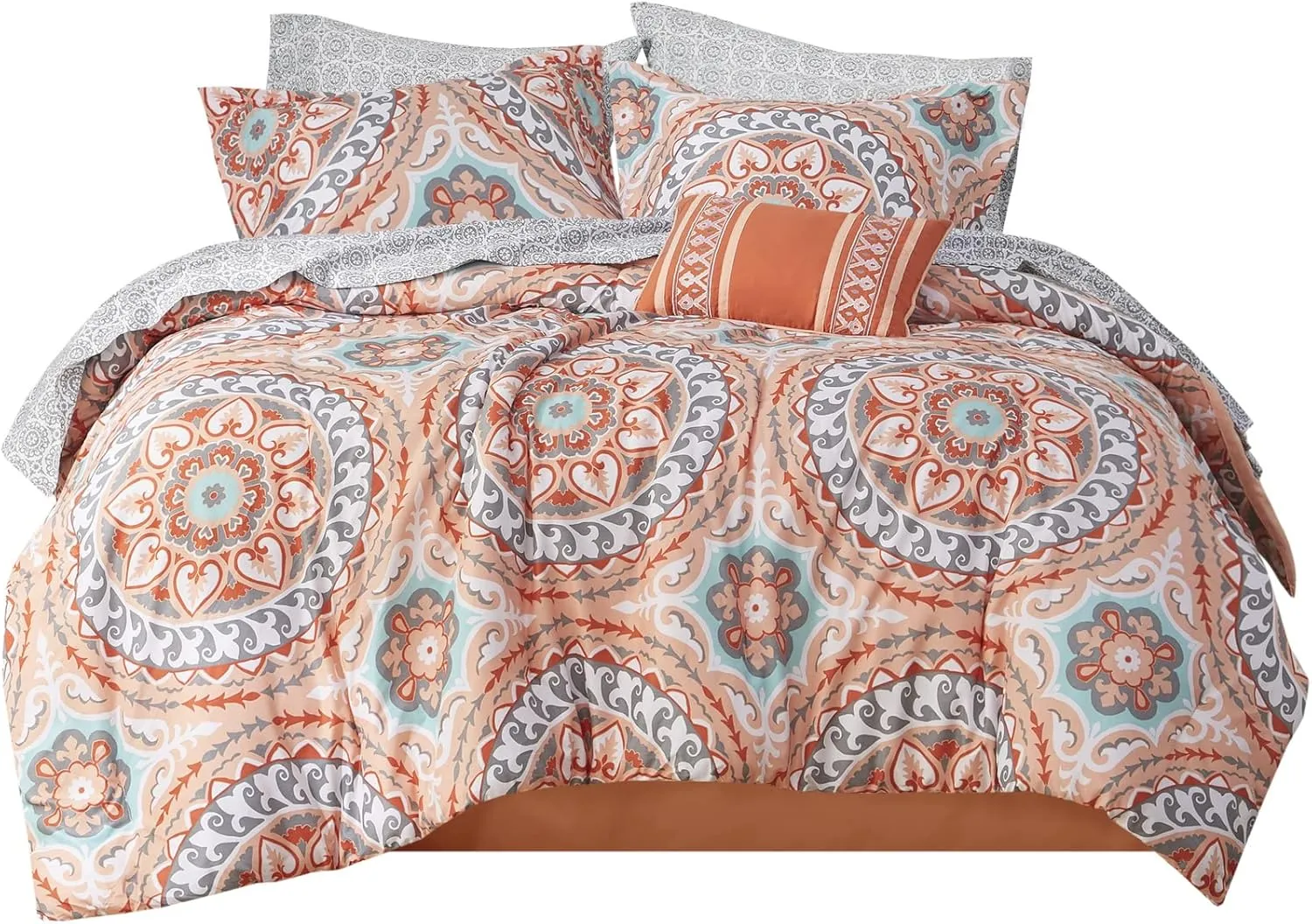 Madison Park Essentials Serenity Bed in a Bag Comforter Set, Medallion Damask Design, All Season Bedding with Cotton Sheet Set, Bedskirt, Twin(68"x86"), Coral 7 Piece