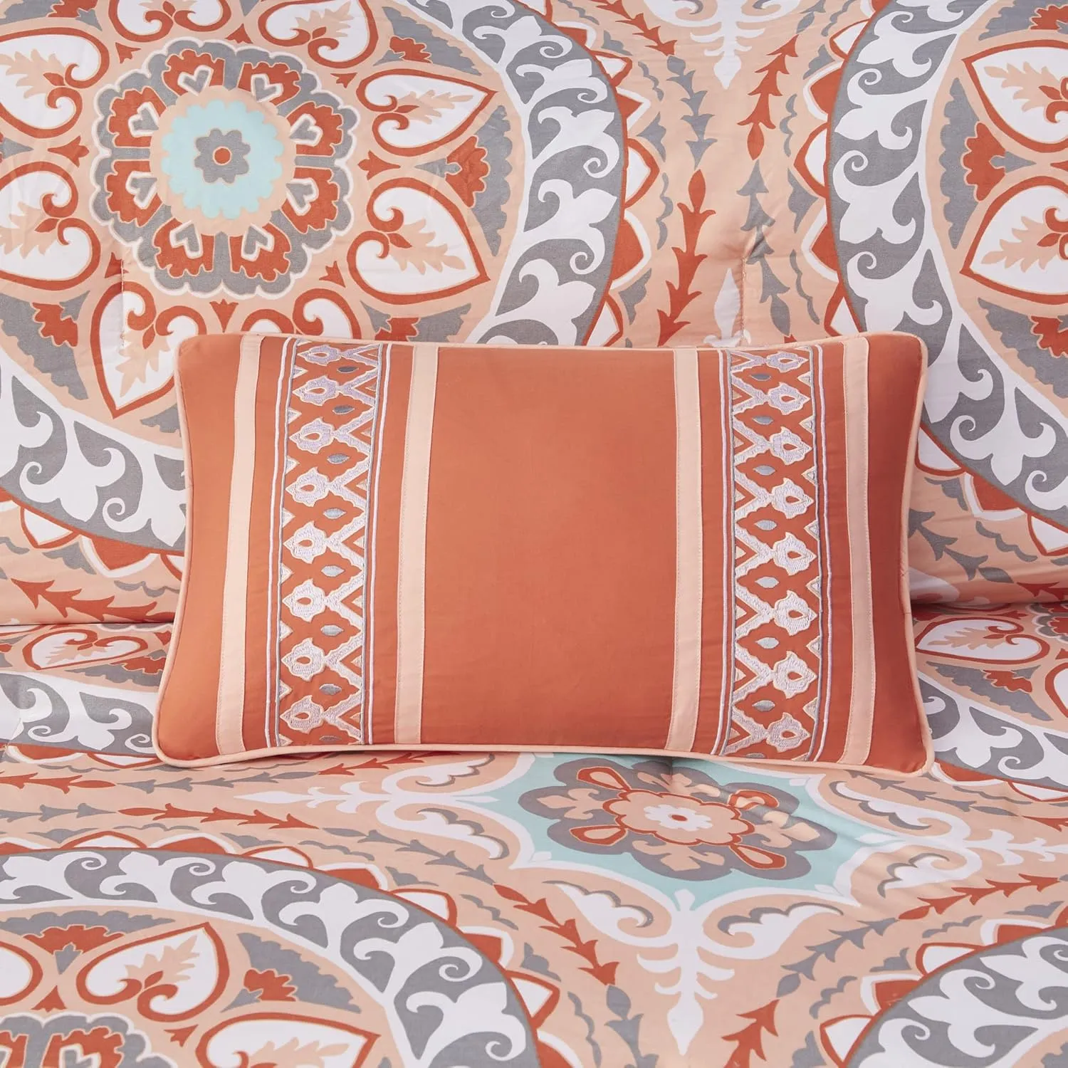 Madison Park Essentials Serenity Bed in a Bag Comforter Set, Medallion Damask Design, All Season Bedding with Cotton Sheet Set, Bedskirt, Twin(68"x86"), Coral 7 Piece
