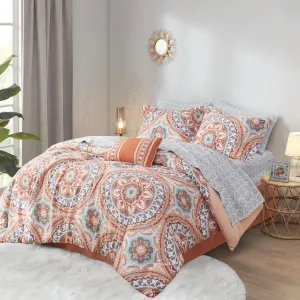 Madison Park Essentials Serenity Bed in a Bag Comforter Set, Medallion Damask Design, All Season Bedding with Cotton Sheet Set, Bedskirt, Twin(68"x86"), Coral 7 Piece