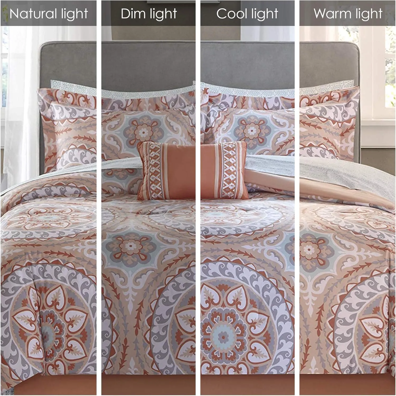 Madison Park Essentials Serenity Bed in a Bag Comforter Set, Medallion Damask Design, All Season Bedding with Cotton Sheet Set, Bedskirt, Twin(68"x86"), Coral 7 Piece