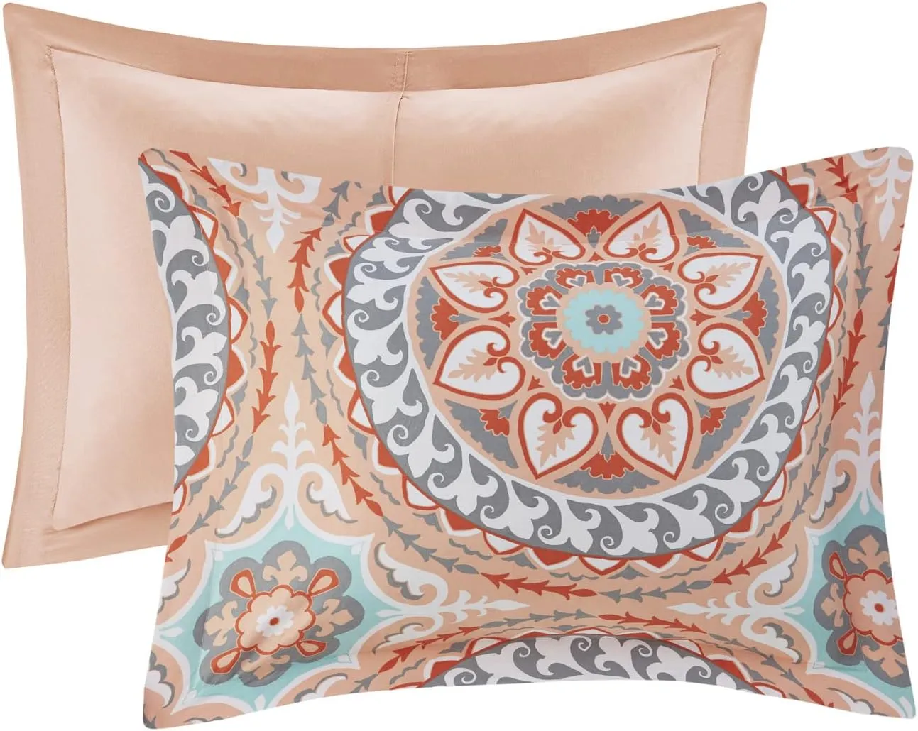 Madison Park Essentials Serenity Bed in a Bag Comforter Set, Medallion Damask Design, All Season Bedding with Cotton Sheet Set, Bedskirt, Twin(68"x86"), Coral 7 Piece