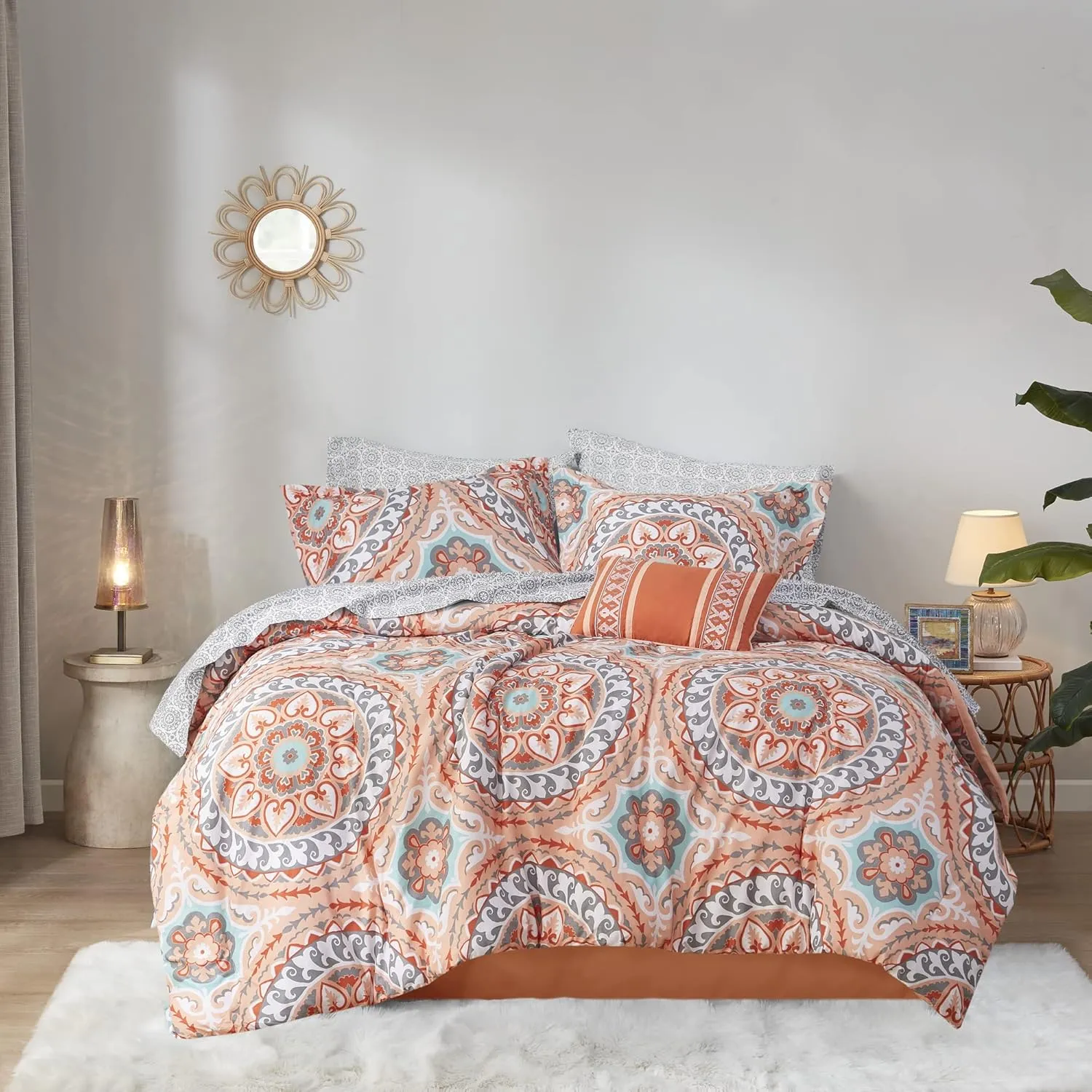 Madison Park Essentials Serenity Bed in a Bag Comforter Set, Medallion Damask Design, All Season Bedding with Cotton Sheet Set, Bedskirt, Twin(68"x86"), Coral 7 Piece