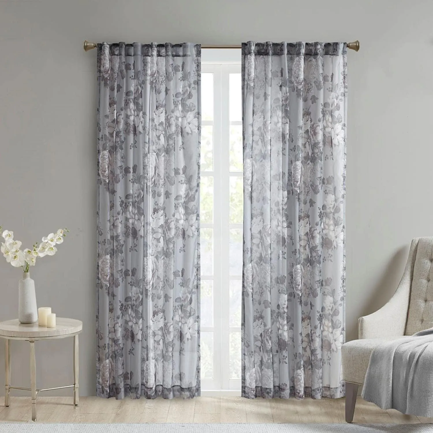 Madison Park Simone Floral Design Sheer Single Window Curtain Voile Privacy Drape for Bedroom, Livingroom, 50" x 84", Grey (MP40-6616)