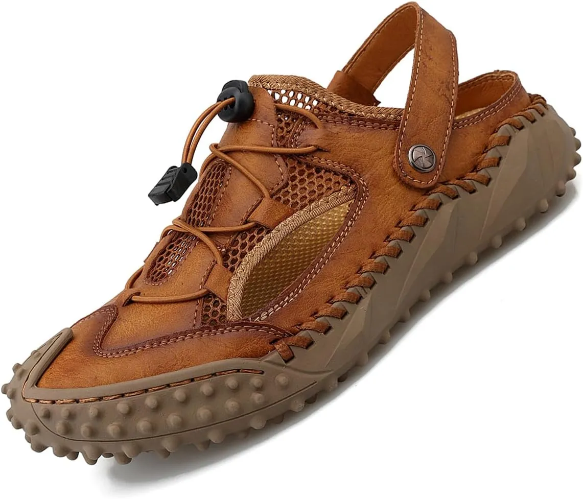 MAIZUN Men's Closed Toe Leather Sandals Adjustable Slip-on Fisherman Hiking Shoes Casual Outdoors Lightweight Walking Summer Beach Mule Sandals Size 7-11