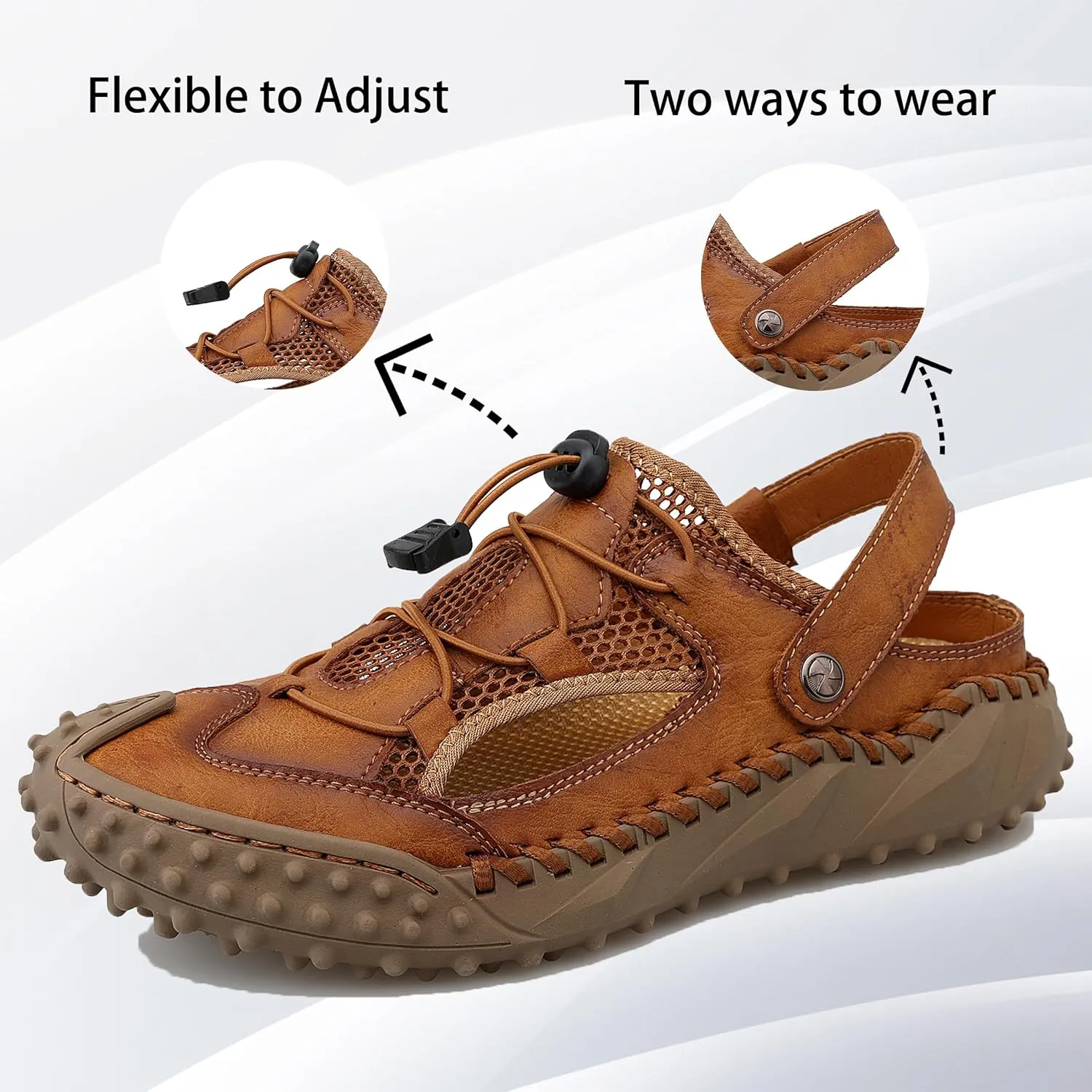 MAIZUN Men's Closed Toe Leather Sandals Adjustable Slip-on Fisherman Hiking Shoes Casual Outdoors Lightweight Walking Summer Beach Mule Sandals Size 7-11