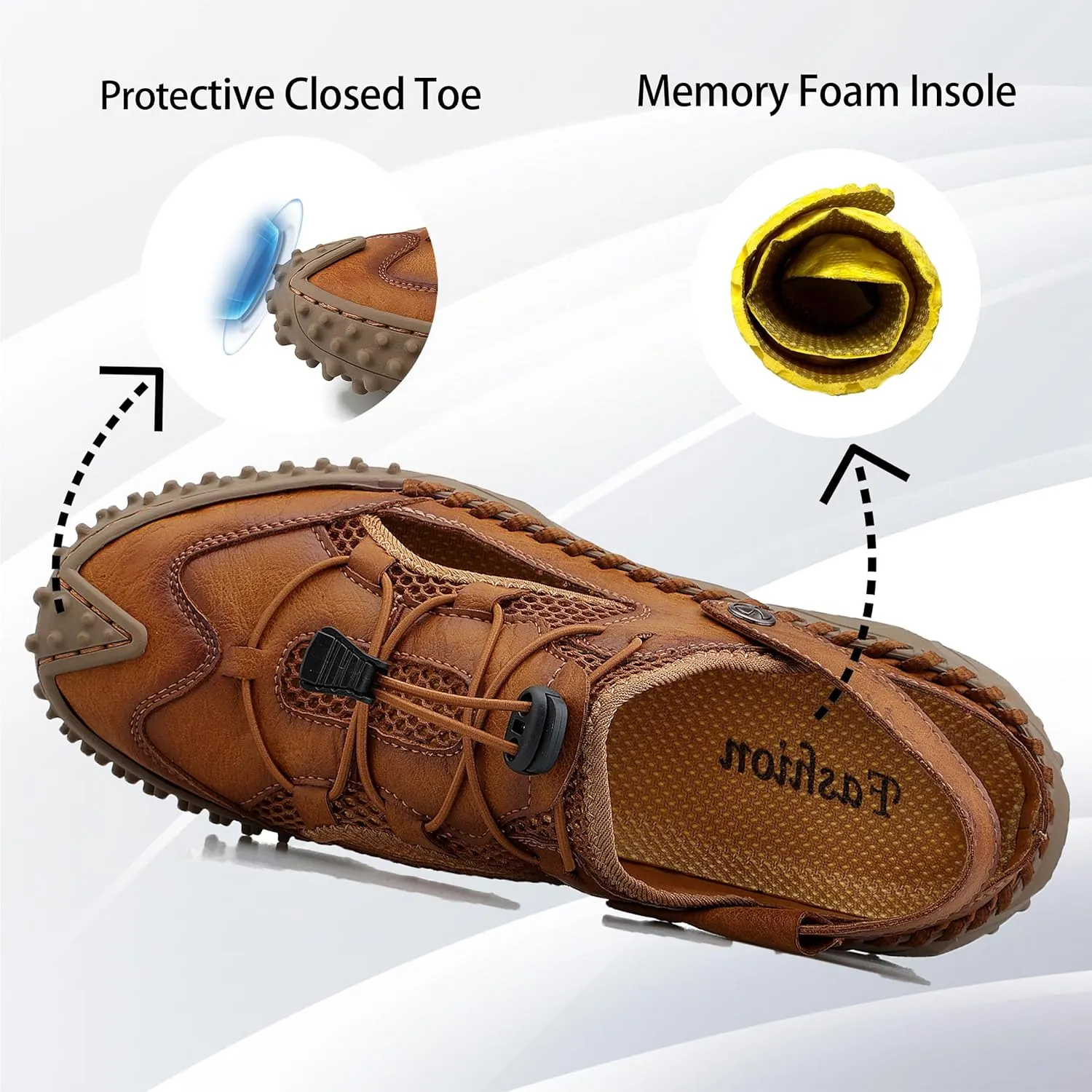 MAIZUN Men's Closed Toe Leather Sandals Adjustable Slip-on Fisherman Hiking Shoes Casual Outdoors Lightweight Walking Summer Beach Mule Sandals Size 7-11