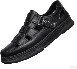 MAIZUN Men's Sandals Closed Toe Leather Sandals Outdoor Adjustable Slip-on Sport Fisherman Beach Shoes for Summer Hiking Walking