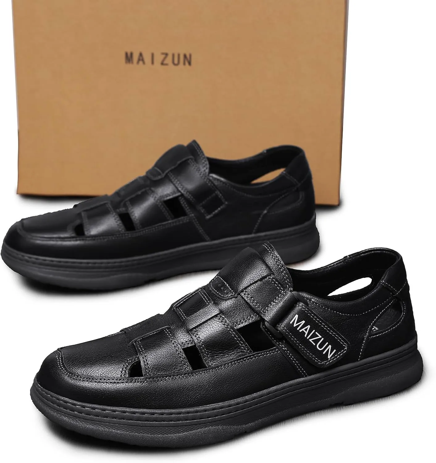 MAIZUN Men's Sandals Closed Toe Leather Sandals Outdoor Adjustable Slip-on Sport Fisherman Beach Shoes for Summer Hiking Walking