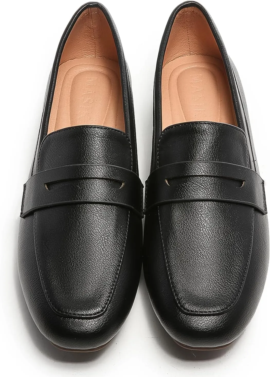 MASIKA Women's Fashionable Loafers, Cowhide Soft Soled Loafers, Square Toe Minimalist Work Shoes, Flat Shoes, and White Penny Loafers.