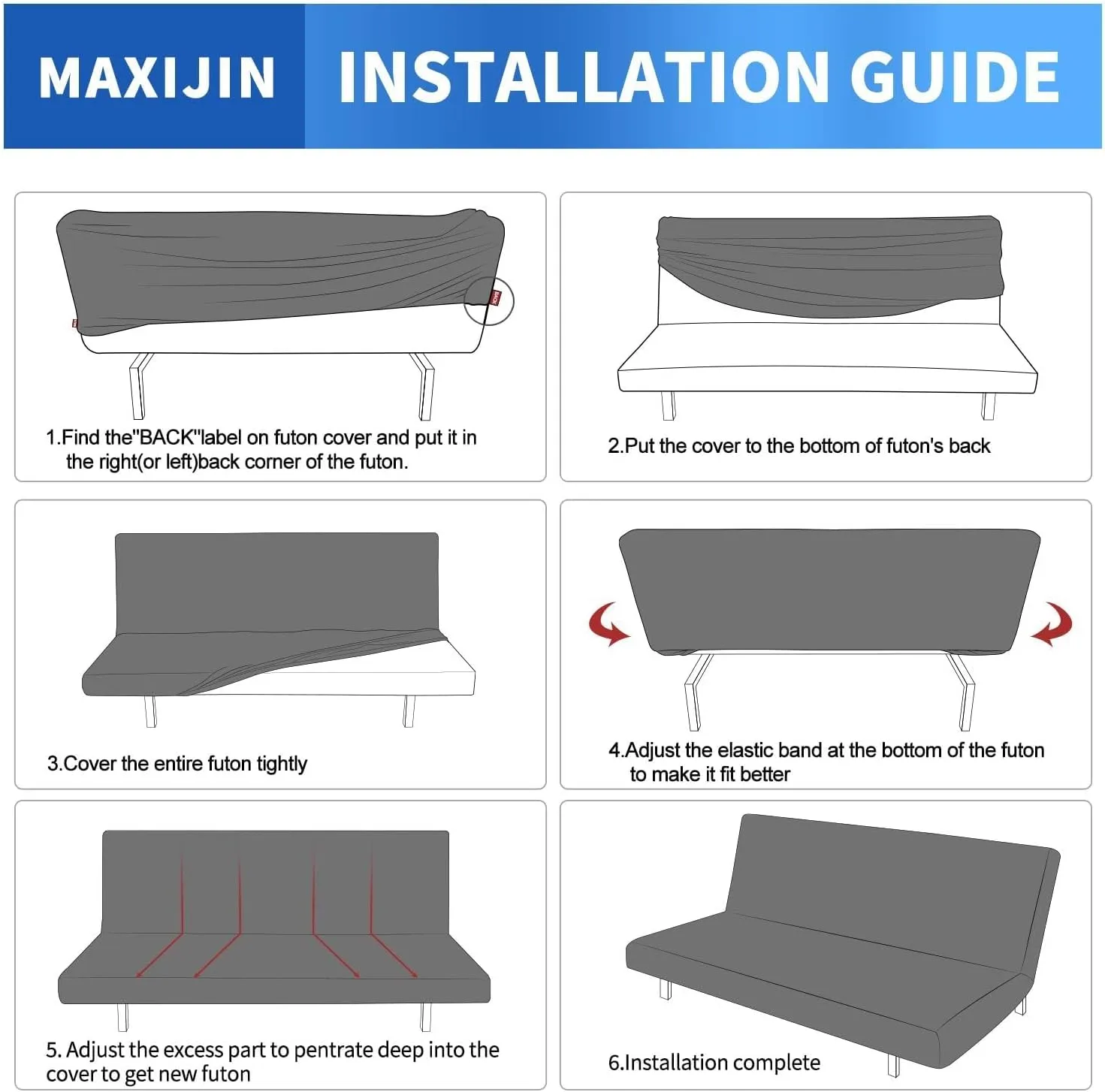 MAXIJIN Futon Cover Slipcover Full Size, Queen Mattress Cover Washable Armless Couch Covers Stretch Sofa Bed Furniture Protector with Elastic Bottom (Gray)
