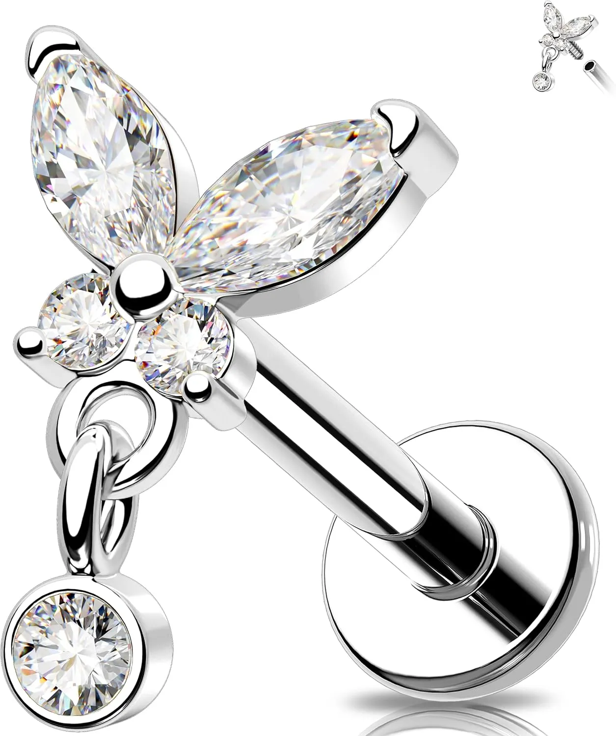 MeIighting 16G Internally Threaded Butterfly Helix Stud Stainless Steel 316L Flat Back Earring 6/8 mm Cartilage Earring Dangle Clear CZ Tragus Earring for Women