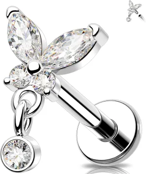 MeIighting 16G Internally Threaded Butterfly Helix Stud Stainless Steel 316L Flat Back Earring 6/8 mm Cartilage Earring Dangle Clear CZ Tragus Earring for Women