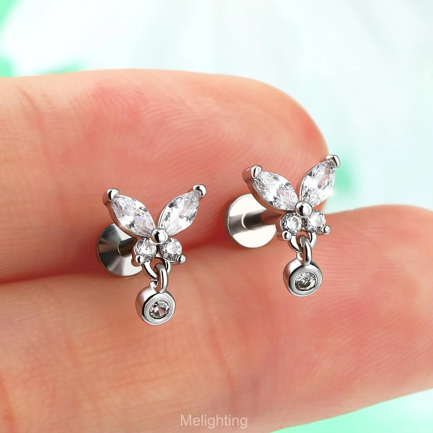 MeIighting 16G Internally Threaded Butterfly Helix Stud Stainless Steel 316L Flat Back Earring 6/8 mm Cartilage Earring Dangle Clear CZ Tragus Earring for Women