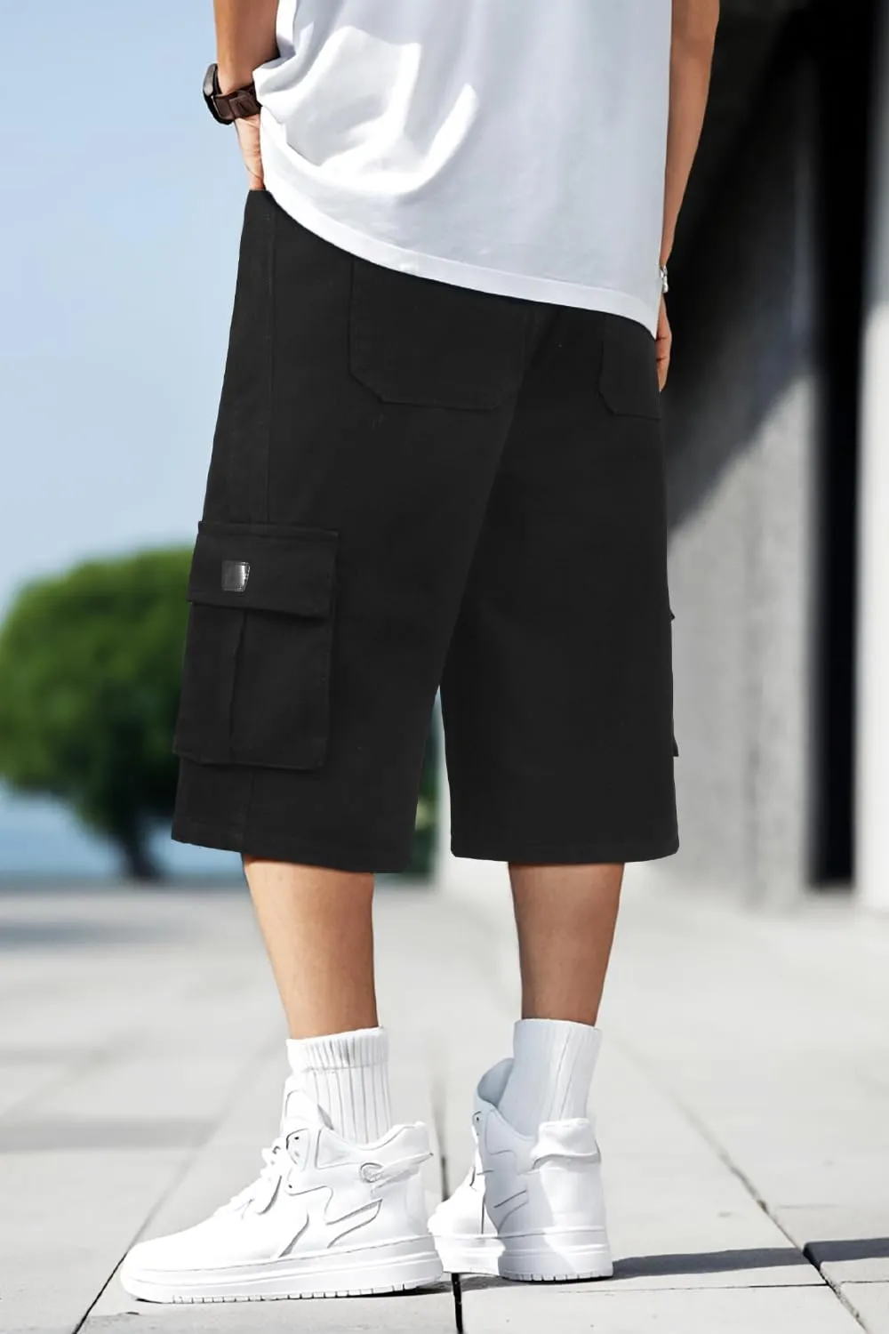 Men Baggy Jean Shorts Streetwear Denim Shorts Cargo Stretch Waist Jorts 15 Inch Inseam