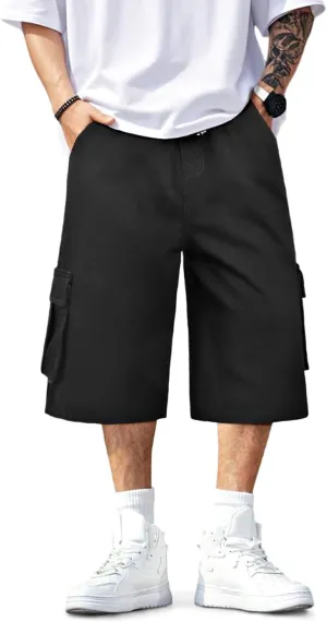 Men Baggy Jean Shorts Streetwear Denim Shorts Cargo Stretch Waist Jorts 15 Inch Inseam