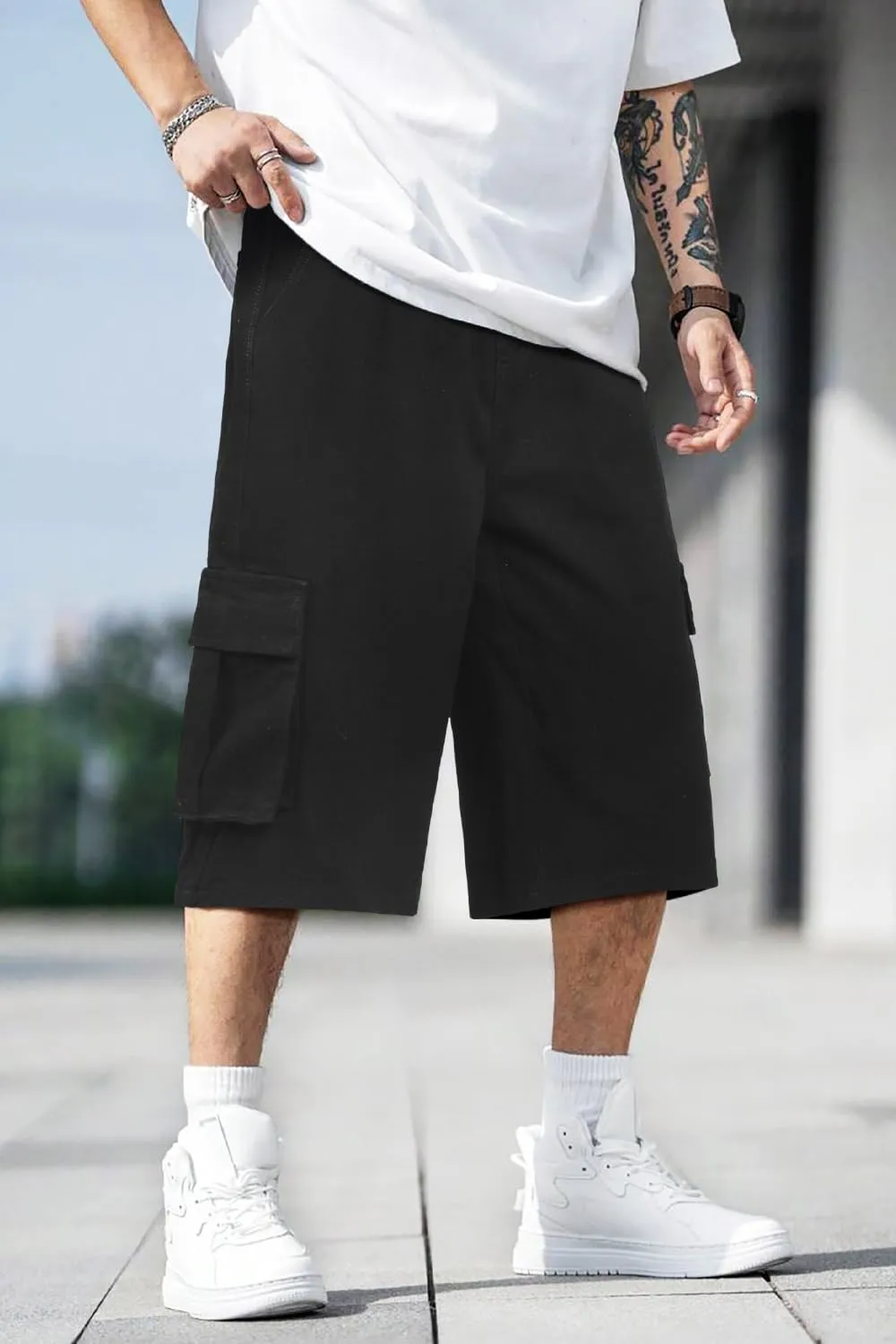 Men Baggy Jean Shorts Streetwear Denim Shorts Cargo Stretch Waist Jorts 15 Inch Inseam