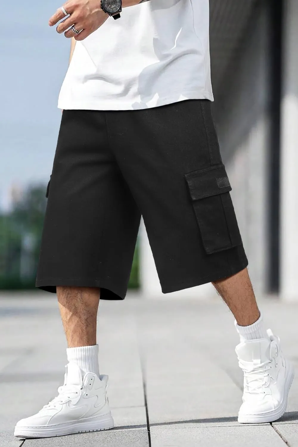Men Baggy Jean Shorts Streetwear Denim Shorts Cargo Stretch Waist Jorts 15 Inch Inseam