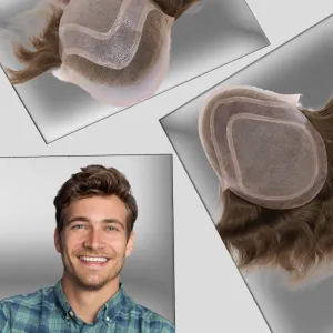 Men toupee Toupee for Men Wigs Hand Tied Swiss Lace Front with Monofilament and Poly Coating Around European Human Hair Replacement Systems Man Hairpiece 10x8 inches(#17 Light Blonde Brown