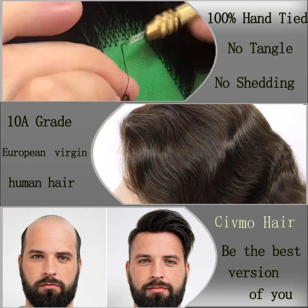 Men toupee Toupee for Men Wigs Hand Tied Swiss Lace Front with Monofilament and Poly Coating Around European Human Hair Replacement Systems Man Hairpiece 10x8 inches(#17 Light Blonde Brown