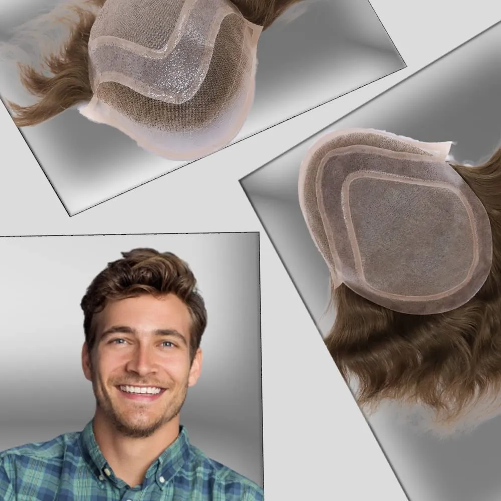 Men toupee Toupee for Men Wigs Hand Tied Swiss Lace Front with Monofilament and Poly Coating Around European Human Hair Replacement Systems Man Hairpiece 10x8 inches(#17 Light Blonde Brown
