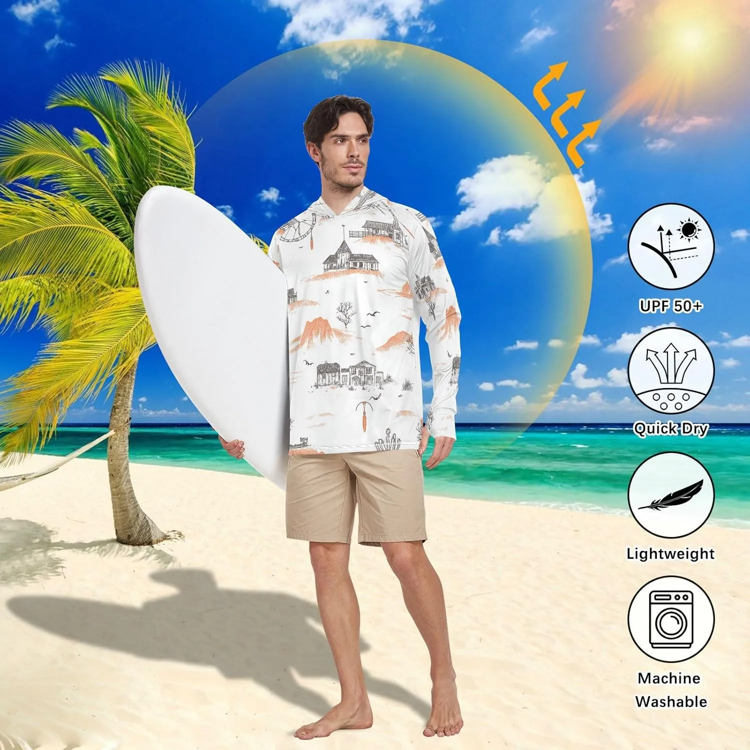Mens Sun Hoodie Shirts UV Protection Long Sleeve Lightweight UPF 50  Rash Guard UV Shirts