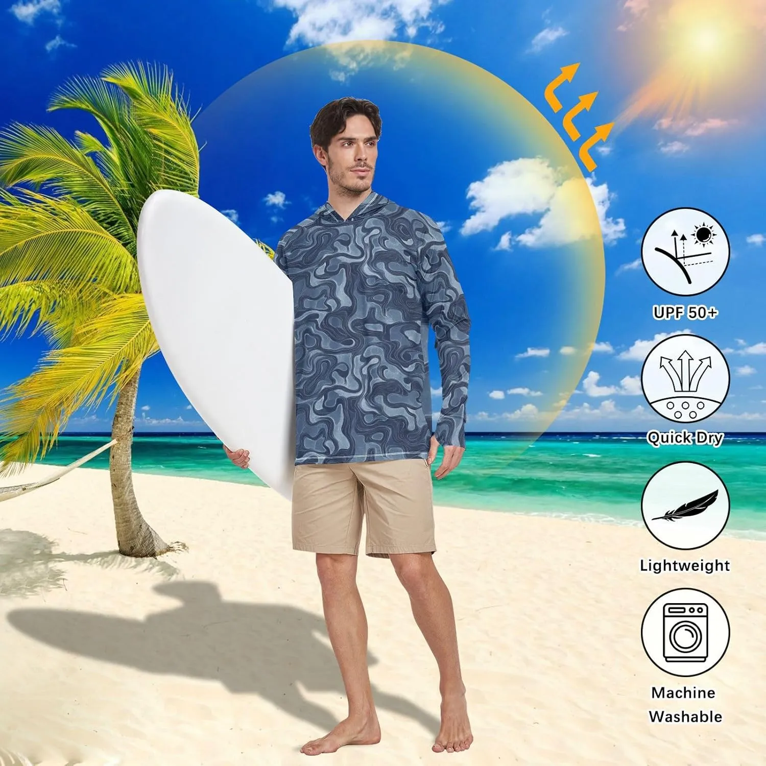 Mens Sun Protection Hoodie Long Sleeve Quick-Dry UPF 50  Rash Guard for Men