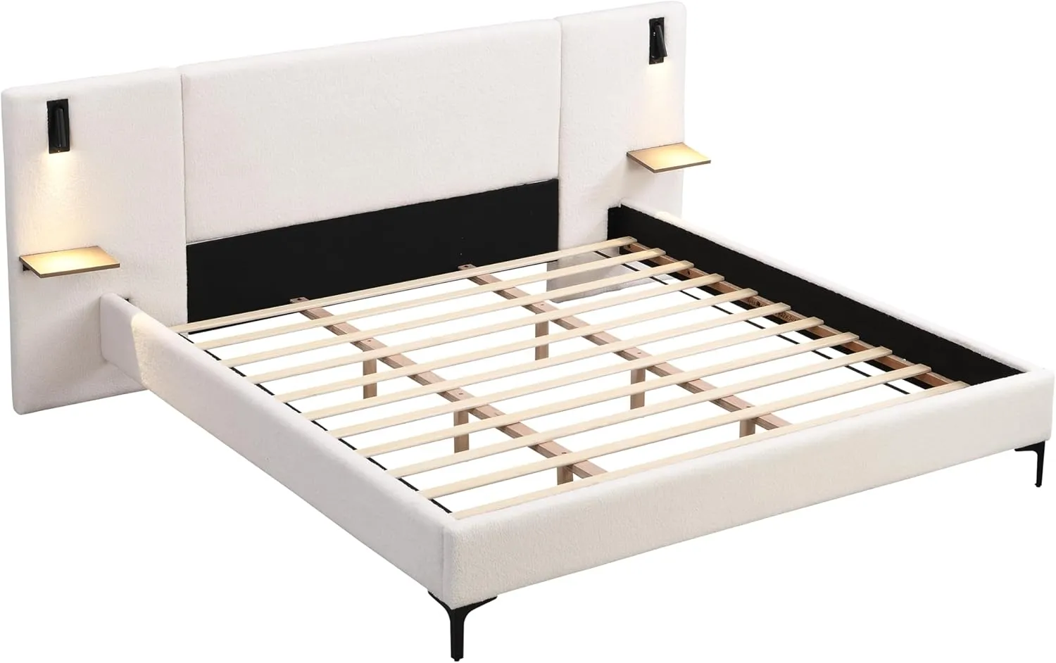 Merax King Size Chic Boucle Upholstered Platform Bed with Integrated Lights and Shelves, Bed Frame with Iron Legs for Teens Adults, White