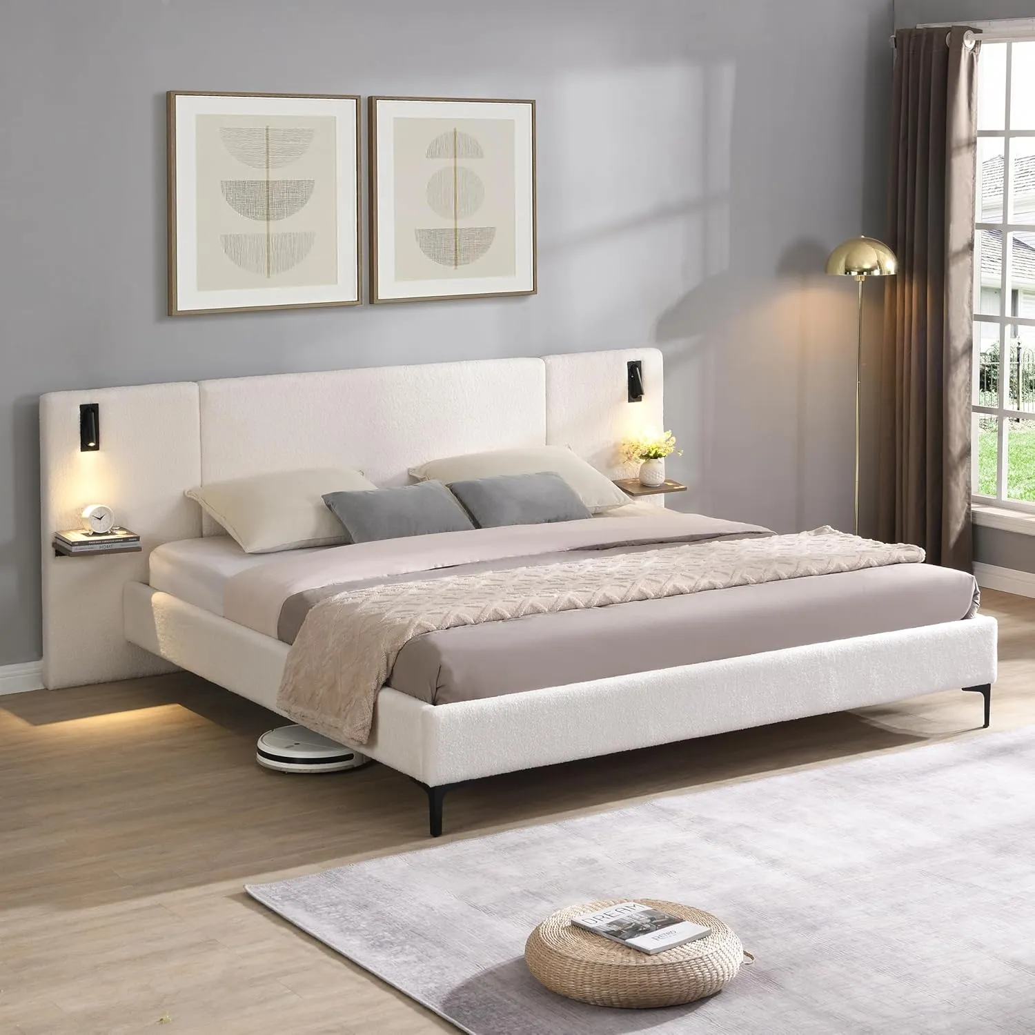 Merax King Size Chic Boucle Upholstered Platform Bed with Integrated Lights and Shelves, Bed Frame with Iron Legs for Teens Adults, White