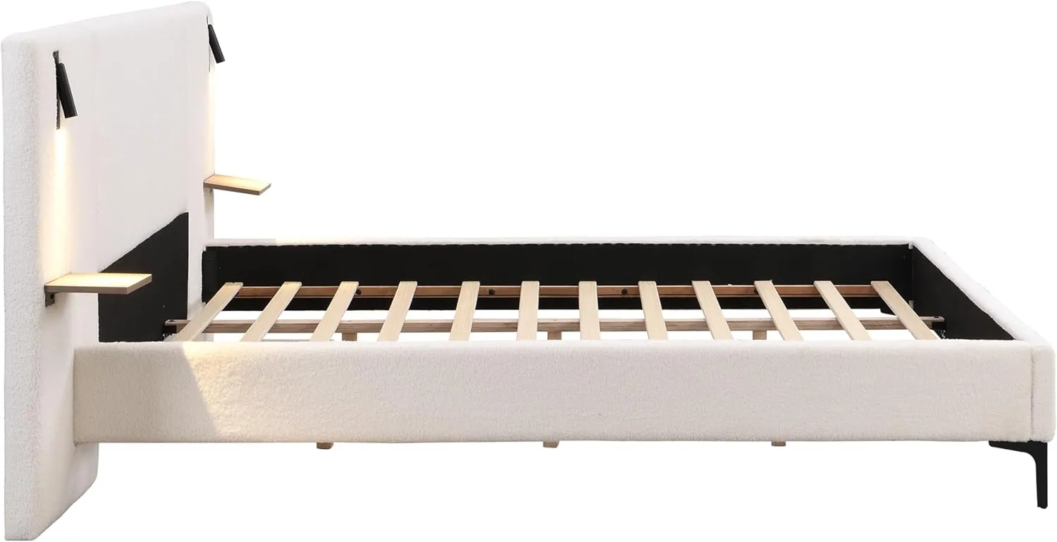 Merax King Size Chic Boucle Upholstered Platform Bed with Integrated Lights and Shelves, Bed Frame with Iron Legs for Teens Adults, White