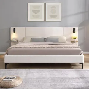 Merax King Size Chic Boucle Upholstered Platform Bed with Integrated Lights and Shelves, Bed Frame with Iron Legs for Teens Adults, White