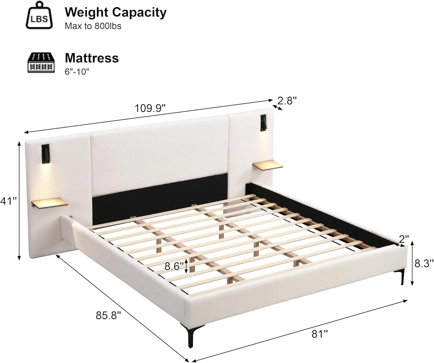 Merax King Size Chic Boucle Upholstered Platform Bed with Integrated Lights and Shelves, Bed Frame with Iron Legs for Teens Adults, White